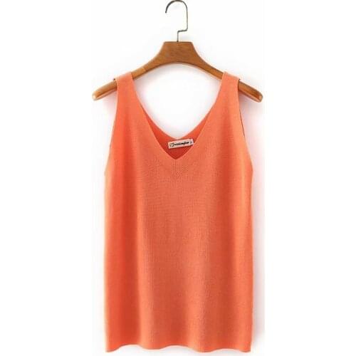 Plus size v-neck knitted black orange loose women tshirts 2021 new summer casual ladies sleeveless t shirts female tops t-shirts