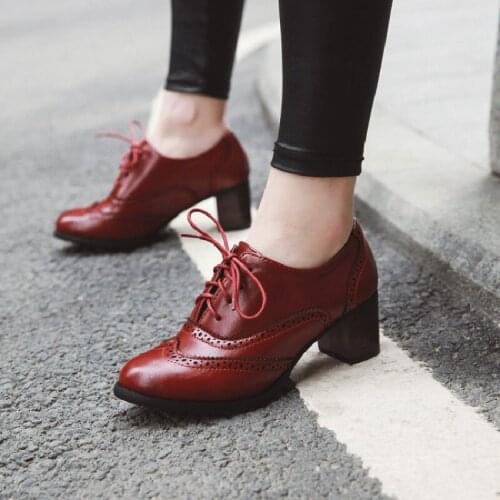 Women Pumps Shallow Brogue Shoe Vintage Chunky Heels Cut Out Oxford Shoes Woman Lace Up Female Elegant Ladies Short Boot Sandals