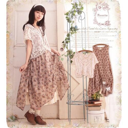 Japanese tunique femme print floral crochet embroidery cotton linen vintage hippie boho harajuku summer spring 2 piece set dress