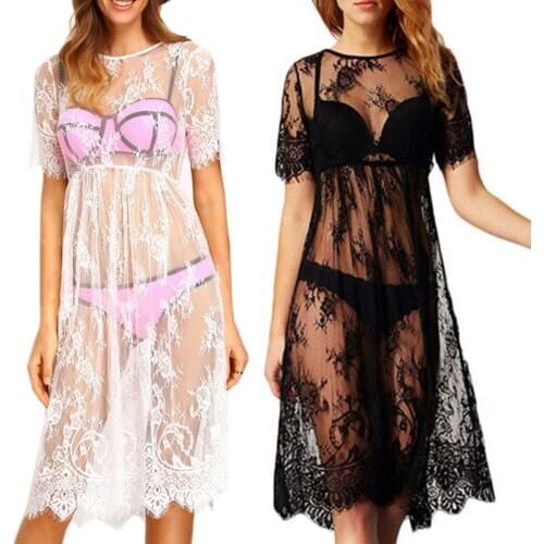 Women Summer Short Sleeve Swimsuit Bikini Cover Up Sexy Hollow Out See-Through Eyelash Floral Lace Loose Beach Dress S-2XL