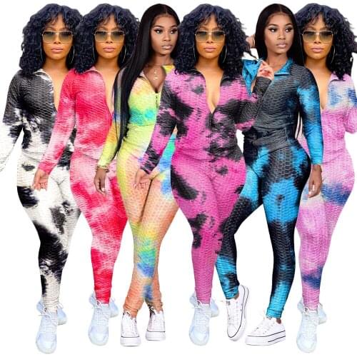 Neon Color Tie Dye Zipper Front Sport Jacket and Fitness Legging Two Piece Sets Long Sleeve Women Fashion Fitness Matching Sets