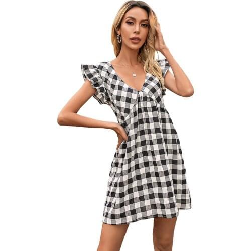 Plaid Pattern Dress For Women 2021 Flying Sleeve V-Neck Summer Dress Fashion A-Line Short Dress Female Elegant Dress Vestidos
