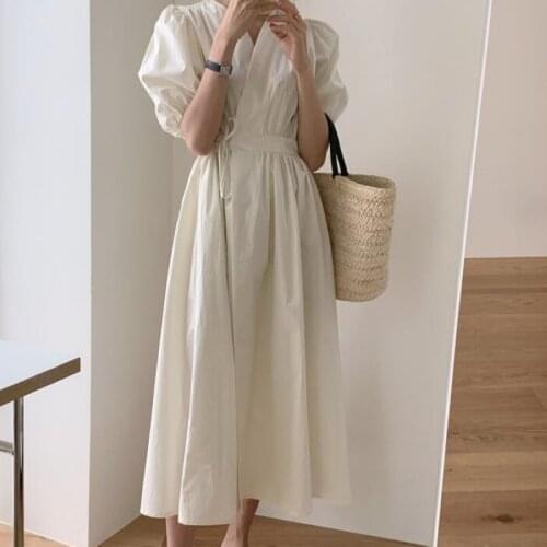 Dress Korean White Slim High Waist Cross V-neck One Piece Puff Sleeve Bandage Dress Women Casual All-match Temperament