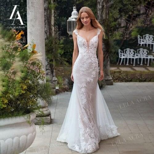 LelaAcra Sleeveless Wedding Dress 2022 Flowers V-neck Beading Button Mermaid/Trumpet Princess Bride Gowns NE16 Vestido de Noiva