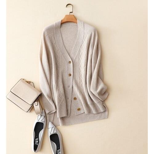 Winter new styles loose fashion argyle v neck outerwear high quality 100% cashmere cardigan coat