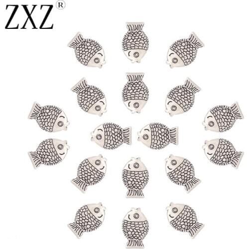 ZXZ 50pcs Tibetan Silver Tone Fish Spacer Beads Charms for DIY Jewelry Making Findings 12x8mm