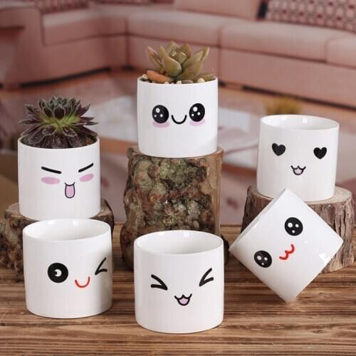 1PC 6CM Creative Home Decoration Ceramic Flower Pot Quality Cute Facial Expression Mini Succulents Office Desktop Vase