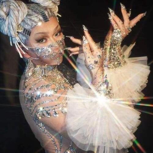 Fashion Mesh Spandex Sparkly Rhinestones Pearl Gloves Short Mitten Women Singer Dancer Stage Accessories Performance Ornament