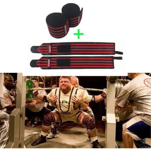 Weight Lifting Elastic Bandages 2Pcs Knee Leg Compression Straps+ 2Pcs Wristbands Powerlifting Squat Power Training Sport Safety