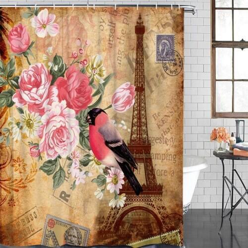 Eiffel Tie Rose Brown Retro Style Post Card Shower Curtain Waterproof Curtains Polyester Bath Curtain