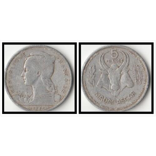 French Madagascar 5 Francs 1953 Edition Goddess Liberty Coins Africa Original Coin Collectible Edition Real Rare Commemorative