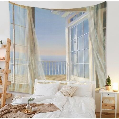 Beautiful Window Landscape Wall Hanging Scene Tapestry Yoga Mat Living Room Decor Background Wall Cloth Beach Towl Throw Blanket