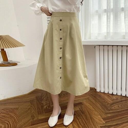 Summer Autumn Skirts Womens 2021 Medium Long Waist A-word Skirt Retro Elegant Button High Waist Skirt Female Pleated Skirt