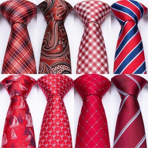 Fashion Red Mens Ties Silk Neck Ties Pocket Square Cufflinks Set Neck Tie For Men Wedding Party Business Dropshipping DiBanGu