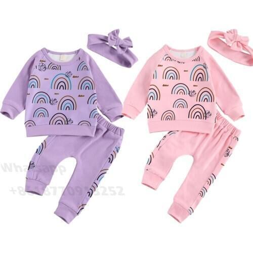 0-18M Newborn Baby Girls Boys Clothes Sets Rainbow Print Long Sleeve Pullover Sweatshirt Tops Pants Headband 3pcs
