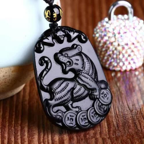 Natural Black Obsidian Pendant Carved Chinese Mascot Zodiac Tiger Pendant Bead Necklace Lucky Amulet Men Womens Jade Jewelry