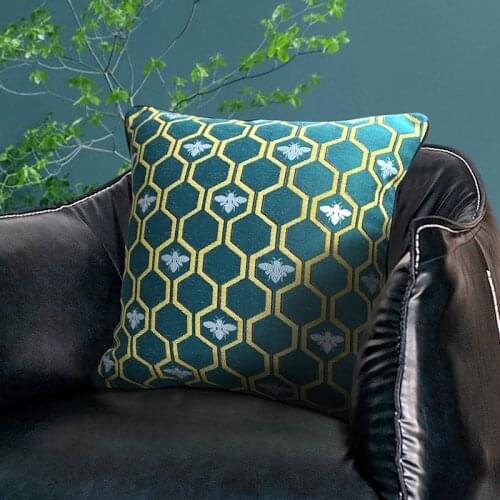 DUNXDECO Marrs Green Cushion Cover Decorative Pillow Case Art Home Luxury Vintage Bee Gold Honeycomb Jacquard Sofa Chair Coussin