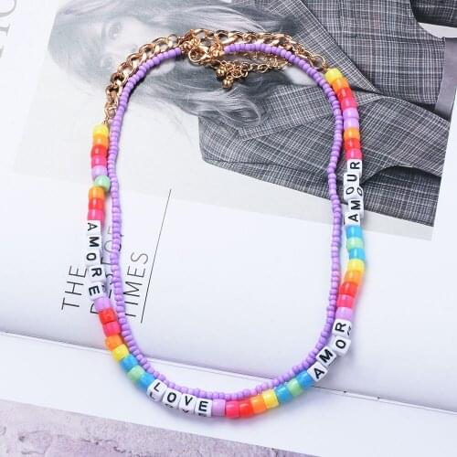 2021 New Korean Summer Lovely Colorful Letters Pendant Choker Double Layers Acrylic Beaded Necklace for Women Bohemia Jewelry