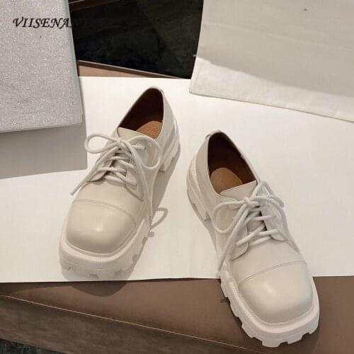 New White Square Toe Lace-up Platform High-heeled Shoes Spring and Summer British Style Leather Deep-mouth Thick-heeled Shoes
