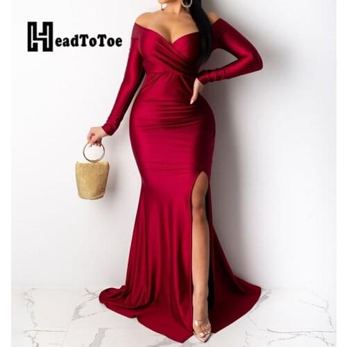 Solid Skinny Sexy Party Satin Dress Full Sleeve Slash Neck Floor Length Skinny Split Dresses for Women