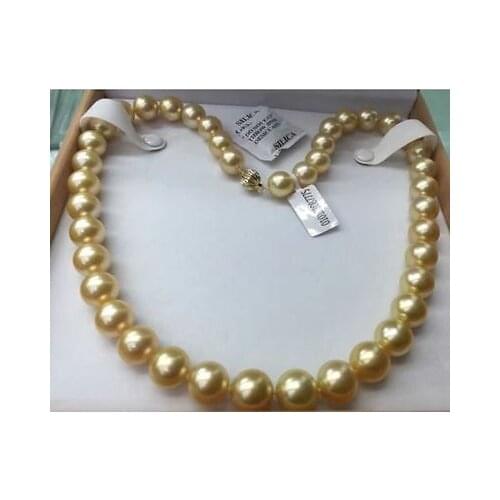 AAA 11-13 mm real natural round south sea gold pearl necklace 18 "