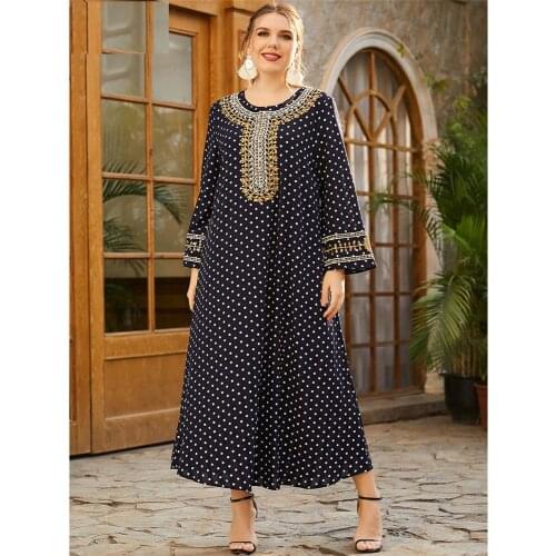 Plus Size Muslim Women Polka Dot Casual Long Maxi Dress Abaya Dubai Kaftan Caftan Loose Moroccan Gown Islamic Clothing Ramadan