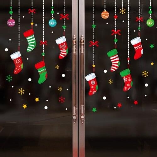 Merry Christmas Socks Window Glass Stickers Decorations Wall Decals for Home New Year Removable Self-adhesive Wallpaper Mural