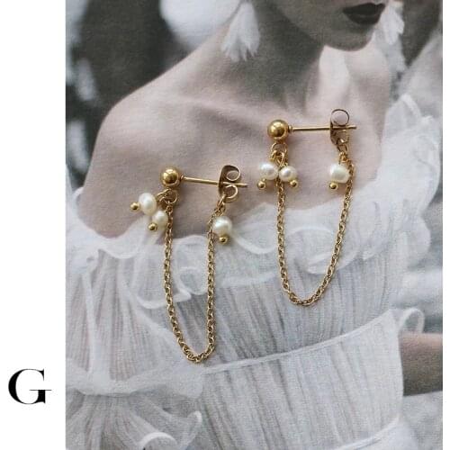 GHIDBK Boho Small Natural Freshwater Pearls Long Tassel Earrings Stud Stainless Steel Long Chain Stud Earring Women Summer Studs
