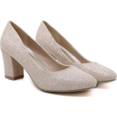 Brand Shoes Thick High Heels Women Shoes Pumps Women Sequined Cloth Slip On 6-8CM Round Toe Dress Office & Career Party Wedding