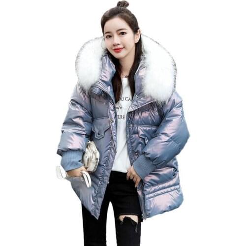 Woman Jacket Parkas Coat Womens Cotton-Padded Clothes Long Fashion Loose Bright Leather Hooded Cotton Jacket Veste Femme
