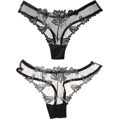 Y166 Women Sexy Hollow Out Sheer Mesh G-String Lingerie Low Waist T-Back Thongs Underwear Floral Lace Embroidered Briefs