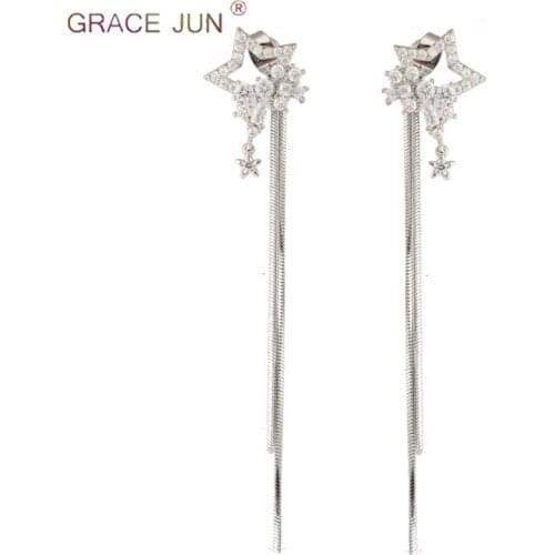 GRACE JUN High-grade AAA Cubic Zircon Star Shape Clip on Earrings for Women Fashion Bridal Wedding Long Pierced Earrings Brincos