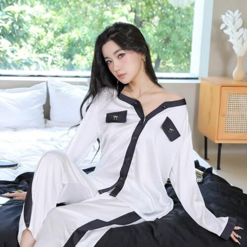 Women 2PCS Rayon Pajamas Sets Sexy V-Neck Loungewear Pyjamas Suit Sleepwear Lingerie Nightwear Spring M-XL Home Clothes
