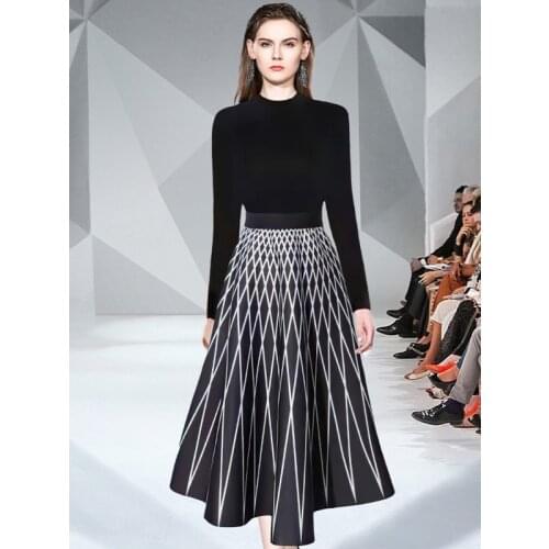 Womens Two Piece Set Spring Fall Office Lady Long Sleeve O-Neck Slim Knitted Sweater + Elastic Waist Printed A Line Skirt Suit