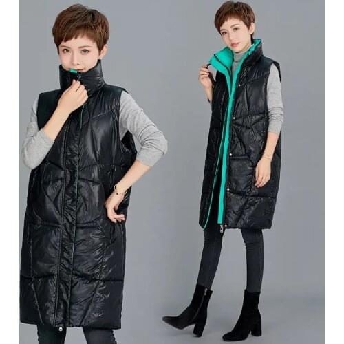 Korean Style Women Down Cotton Vest Winter Glossy Midi Sleeveless Warm Overcoat Fashion Casual Female Padded Waistcoat Parkas