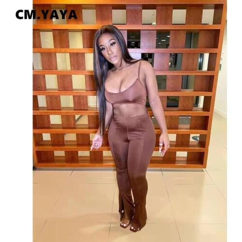 CM.YAYA Women Set Casual Tracksuit Solid Spaghetti Strap Crop Tops Skinny Elastic Long Flare Pants 2 Piece Set Summer Outfits
