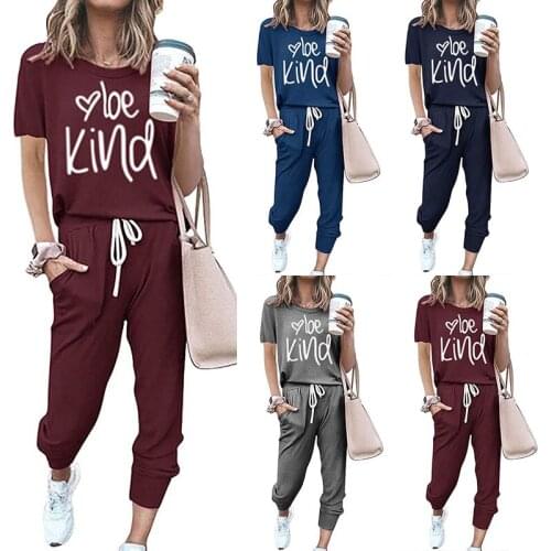 Women Letter Printed Sweatshirt Set Short Sleeve T-shirt Drawstring High Waist Harem Pants Tracksuit Sporty Casual Outfit Summer
