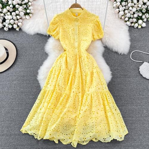 New Spring Summer Women Sexy V-Neck Puff Sleeve Slim Long Dress High Quality Lace Patchwork Jacquard Elegant Vintage Dress