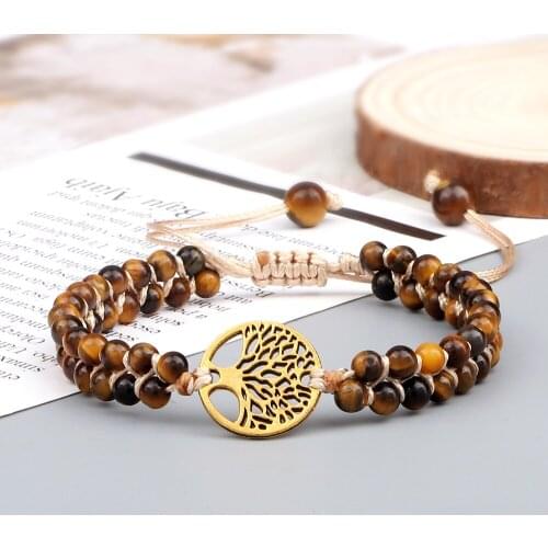 4mm Natural Tiger Eye Stone Beads Bracelets Handmade Tree of Life Braided String Bangle Yoga Bohemia Women Men Fine Jewelry Gift