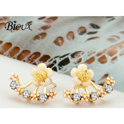 BICUX Fashion Girl Series Plum Flower Crystal Zircon Small Stud Earrings for Women Gold Silver Color AAA Cubic Earing Jewelry