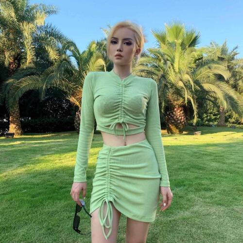 BKLD New Casual 2 Piece Outfits Long Sleeve Bodycon Solid Hollow Out Crop Top Mini Bandage Dress Overalls Fresh And Cool Suits