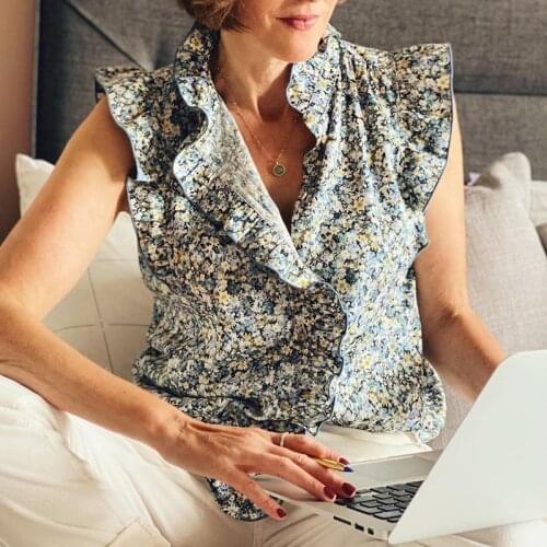 Floral Printed Ruffles Blouse Female Clothes Elegant Ruffled Collar Sleeveless Shirts Top Ladies Vintage Casual Chemises Hauts