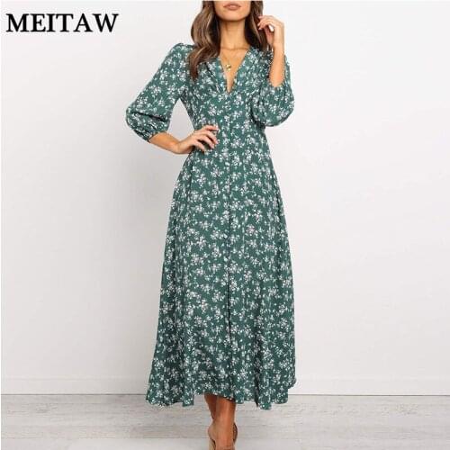 2020 Autumn Elegant Floral Print Chiffon Dresses Women Sexy V Neck Button Maxi Dress Female High Waist Korean Party Dress