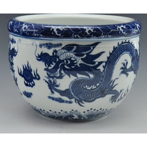Chinese Antique Qing Qianlong Mark Blue And White Porcelain Ceramic Fish Bowl Flower Pot