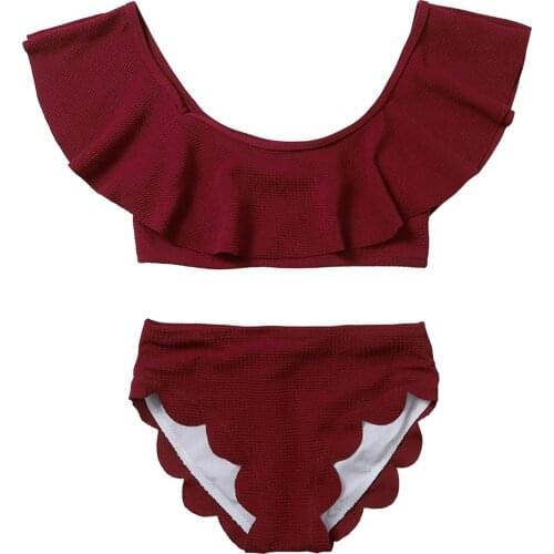 Newest Arrival Kids Girl Summer Swimsuit Two Piece Set Childrens Ruffled Shoulder Tops Irregular Hem Shorts Swimwear for Kids