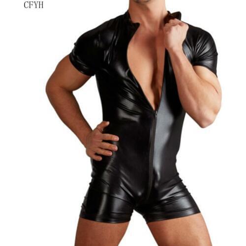 Mens Sexy Lingerie Patent Leather Bodysuits Zipper Crotch One-piece Leotard Bodysuit Underwear Mens Club Clothing Black