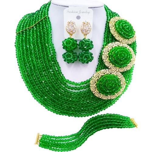 ACZUV Green Beads African Jewelry Set Nigerian Wedding Necklaces 10C-3PH006