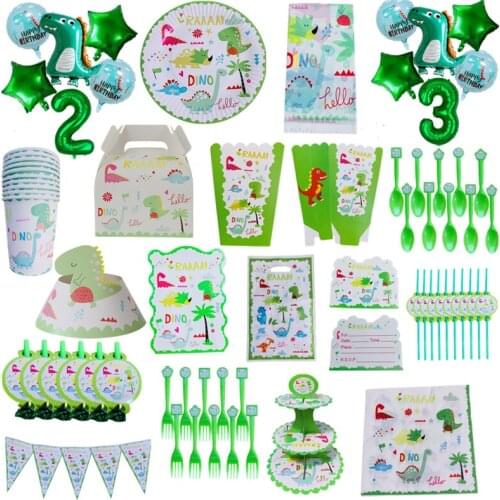 Dinosaur Theme Party Tableware Set Disposable Paper Plate Cup Tablecloth Banner Boys Happy 1ST Birthday Party Supplies Decor