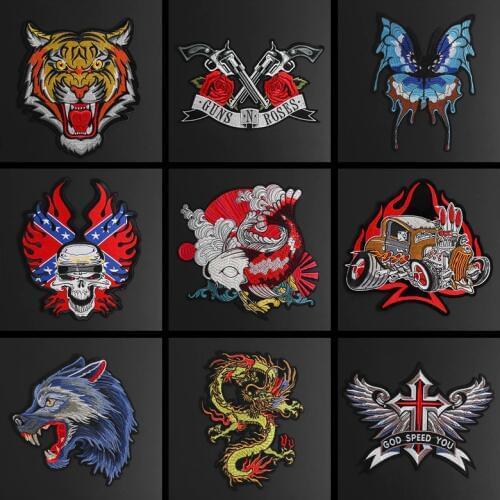 Tiger Wings Dragon Patches For Clothing Iron On Biker Motorcycle Embroidered Punk Skull Badges Big Butterfly Wolf Coat Accessory