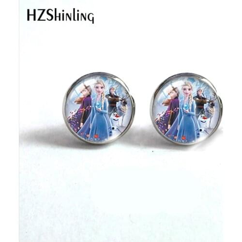 2021 New Fashion Frozen Princess Sister Elsa and Anna Glass Dome Round Earrings Handcraft Jewelry Stud Earrings